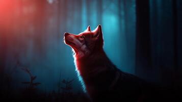 Wolf howls under the moonlight in a misty forest during a quiet night photo