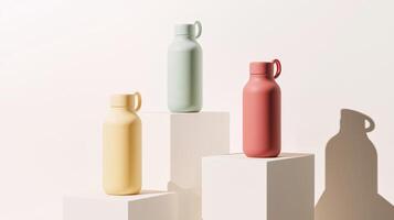 Colorful water bottles displayed on pedestals in a minimalist setting with soft shadows photo