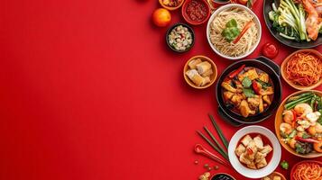 Colorful array of Asian dishes presented elegantly on a vibrant red background during a festive gathering photo