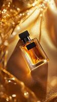 Elegant glass perfume bottle placed on shimmering golden background reflecting luxury and sophistication during a stylish event photo