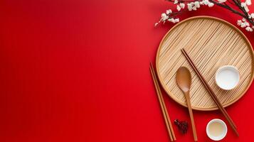 Elegant table setting featuring chopsticks and a wooden plate on a vibrant red background with decorative flowers photo