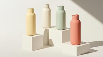 Stylish reusable water bottles displayed on minimalistic pedestals with soft lighting in a clean environment photo
