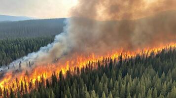Wildfire spreads rapidly through dense forest in a mountainous region during dry weather photo