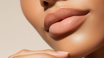 Soft, nourished lips showcase a natural beauty look with subtle makeup and a flawless complexion in a studio setting photo