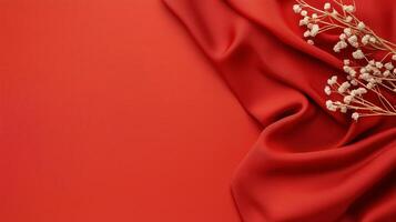 Elegant red fabric with dried flowers creates a warm and inviting background for decoration or product display photo