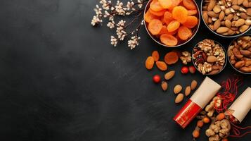 Dried fruits and assorted nuts arranged on a dark surface with decorative elements for a festive celebration in a cozy space photo