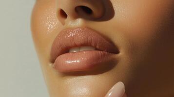 Close-up of lips with natural gloss highlighting beauty and texture in soft lighting photo