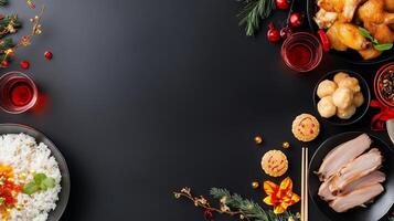 Festive table setting featuring traditional dishes and drinks for a holiday celebration with family and friends photo