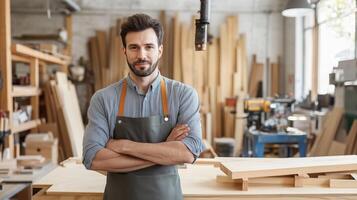 Woodworker in a workshop showcases craftsmanship with various tools and materials present in the background photo