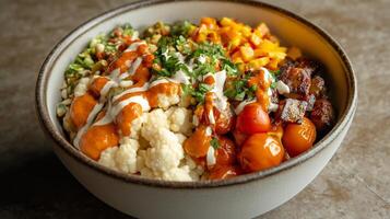 Colorful grain bowl with fresh vegetables, roasted cauliflower, and savory sauce at a local eatery photo