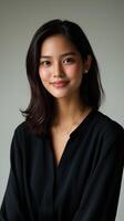Young woman smiling softly in a minimalist setting with a neutral background during daytime photo