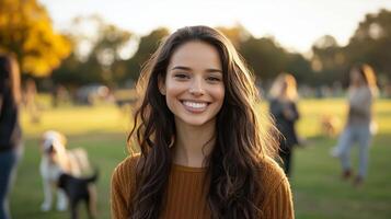 Smiling young woman in autumn park surrounded by friends and pets enjoying nature during golden hour photo