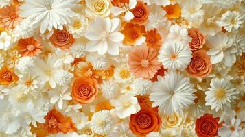 Beautiful arrangement of white and orange flowers creating a vibrant floral backdrop for events or decorations photo
