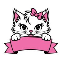 Adorable Kitten with Pink Bow and Banner Illustration vector