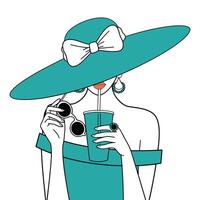 Elegant Woman with Hat and Drink in Minimalist Style vector
