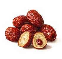 A cluster of red dates, some halved, showing the inner flesh and seed photo