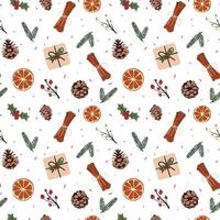 A seamless vintage-style pattern with Christmas d cor. Spruce branches, gifts, plants, oranges, cinnamon. Hand-drawn pattern on a white background. Packaging, wrapping paper, postcards, textiles vector