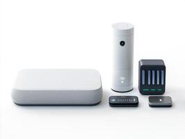 White box with a black speaker on top of it photo