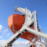 A Lifeboat hanging aboard a bigger ship photo