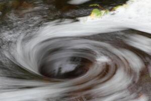 Blurred vortex in water with spray and a birch twig photo