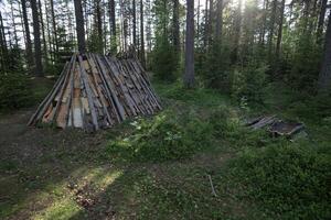 Stone age tent and fireplace in Naesaaker in Sweden photo