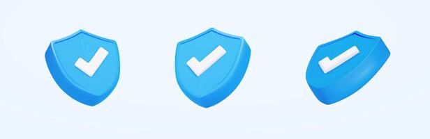 3d Icon safety shield check mark perspective set. Blue symbol security safety icon. Checkmark in minimalistic style. 3d illustration. vector