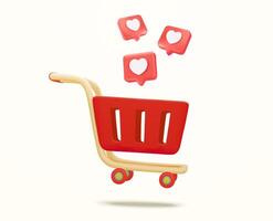 3d heart message icon and basket. Shopping cart with shopping icons on blue background. Concept idea for social networks. shopping basket full of hearts. 3d illustration vector