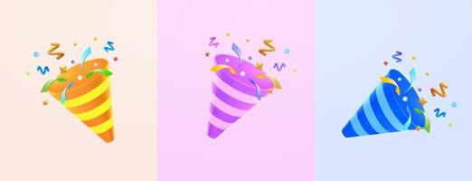 3D Party Popper with Confetti Isolated on Background. Colorful Firecracker Elements in Various Shapes. Party, Holyday Surprise or Birthday Events. 3D Illustration. vector