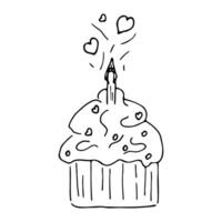 A single cake, a cupcake, a cake with candles. A illustration drawn by hand. A festive design element. vector