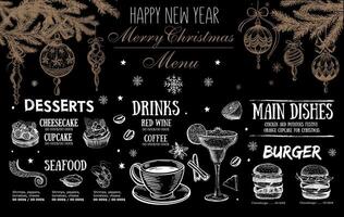Christmas and New Year menu cafe. Template design. Hand drawn illustrations. vector