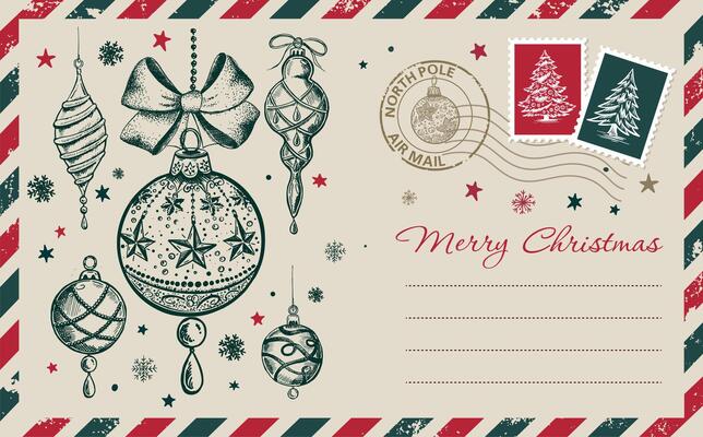 Postcard, Christmas mail with ball, hand drawn illustration.