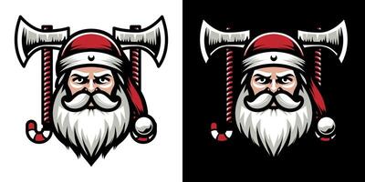 Santa Claus in viking helmet and axe element illustration. Isolated on black background. Medieval element for Christmas holiday. Eps 10. vector