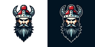 Santa Claus in sharp horn viking helmet illustration. Outline in dark background. Medieval element for Christmas holiday. Eps 10. vector