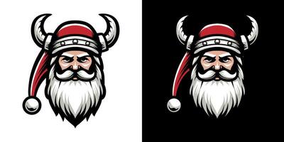 Santa Claus in curve horn viking helmet illustration. Isolated on black background. Medieval element for Christmas holiday. Eps 10. vector