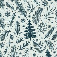 Doodle Fir Branches, Coniferous Tree, Linear Pine Cones, Pine, Background with Christmas Pattern, Patterned Christmas Background. vector