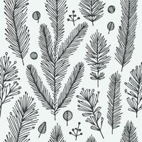 Hand Drawn Seamless Fir Branches, Coniferous Tree, Linear Pine Cones, Pine, Background with Christmas Pattern, Festive Background, Patterned Christmas Background. vector