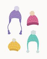 A collection of winter or autumn hats in a flat style. Knitted hats for girls and boys in cold weather on a white background. The icon of the web page design element. illustration vector