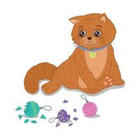 A scared ginger cat. A fluffy pet has smashed Christmas toys. Broken Christmas toys. Graphic elements for a website. Christmas, Christmas tree, naughty character. Cartoon flat illustration vector
