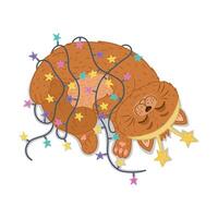 A cute cat got tangled in a garland of lights. A template for the design of a Christmas card. A flat illustration.Merry Christmas and Happy New Year. illustration in a flat style vector