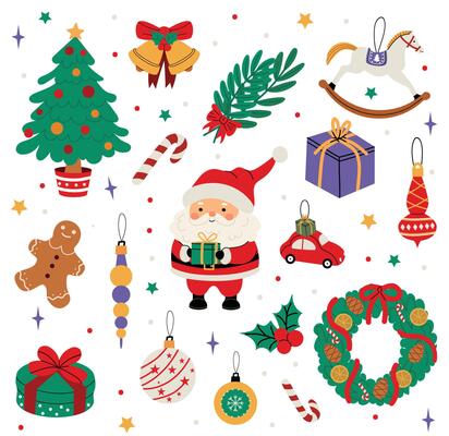 Christmas set with Santa Claus, tree, gifts, wreath, candy cane, rocking horse, ornaments, bells, holly, and festive decorations. Color flat winter illustration with white isolated background.