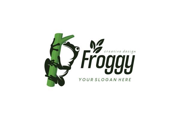 Green frog logo design on natural tree branch