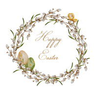Spring Wreath Design with Hand-Drawn Flowers, Pastel Eggs, and Elegant Floral Elements for Greeting Card png