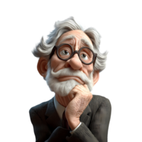A 3D cartoon style old man with a thoughtful expression, resting his chin on his hand as he looks upwards, as if deep in thought. The transparent background keeps the focus on his questioning demeanor png