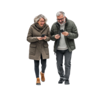 A smiling older couple, arm in arm, walking while the man holds a phone in his hand. Both are laughing as they share a moment together, with a clean transparent background behind them png