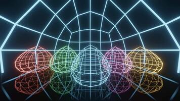 Abstract 3d background colorful net with zoom in camera movement. Five oval shapes neon wire design video