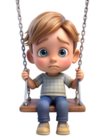 3d cute style illustration of A small child sits alone on a playground swing, tears glistening in their eyes. isolated on transparent background png