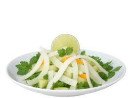 Jicama Salad Thinly sliced jicama mixed with orange segments, cilantro, and a squeeze of lime juice. The salad is crunchy, png