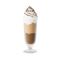 Mocha mousse parfait served in a tall glass, with alternating layers of velvety mocha mousse, crushed chocolate biscuits, png