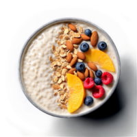 Nutritious overnight oats in transparent bowl oats soaking almond milk pouring fruit slices twirling nuts png