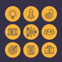 startup icons in linear style, product launch, development, funding, initial capital, contract, team, target market, customers vector